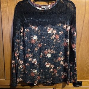 Rewind Women's Floral Black Lace Shoulder Top Size Small